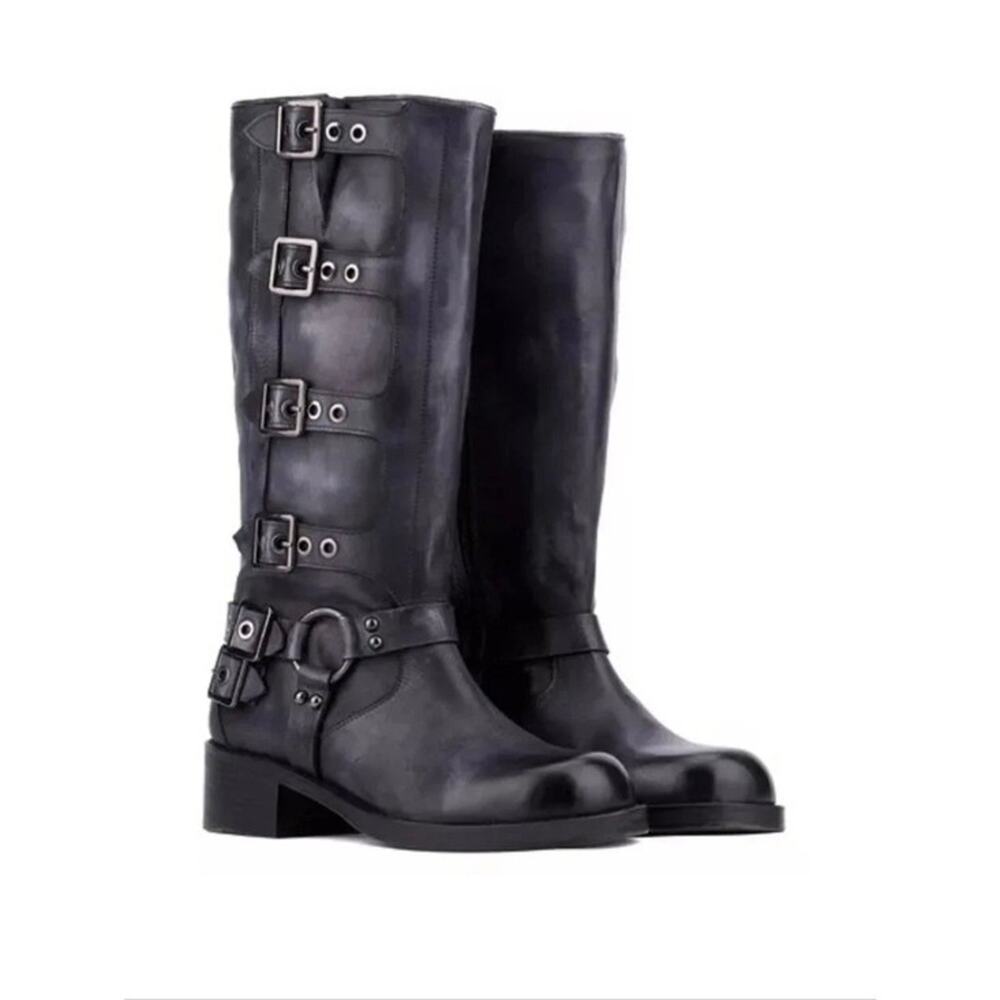 Vintage Foundry Co Gray Blue Buckle Boot Harness Steampunk Western Leather 8.5